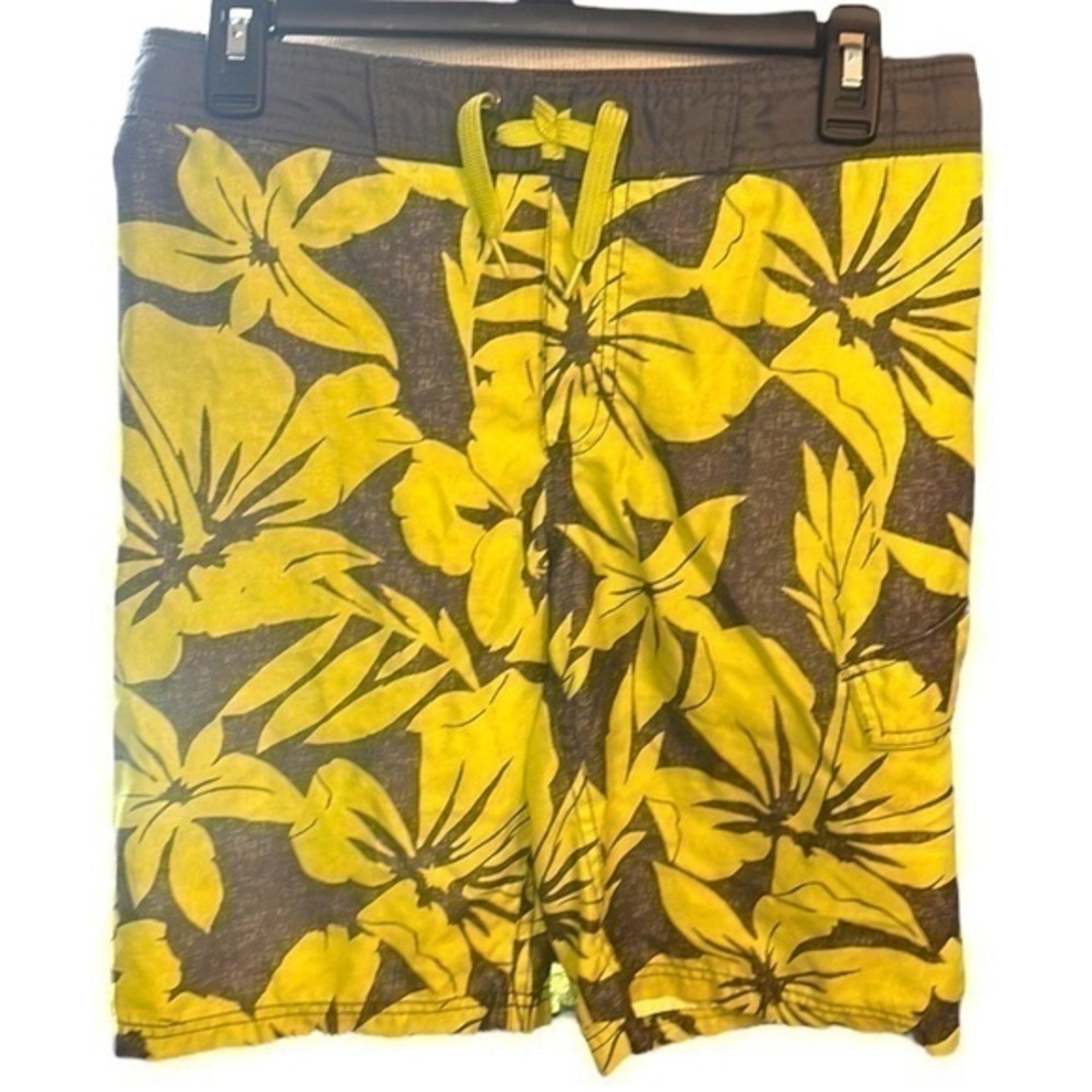 Old Navy Swim Trunks with built in mesh underwear, gray/yellow, size large